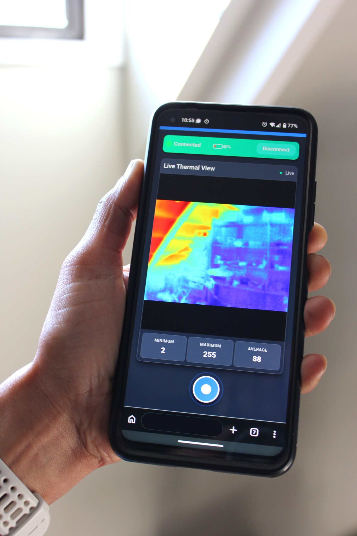 Live thermal imaging interface viewed on a mobile phone.